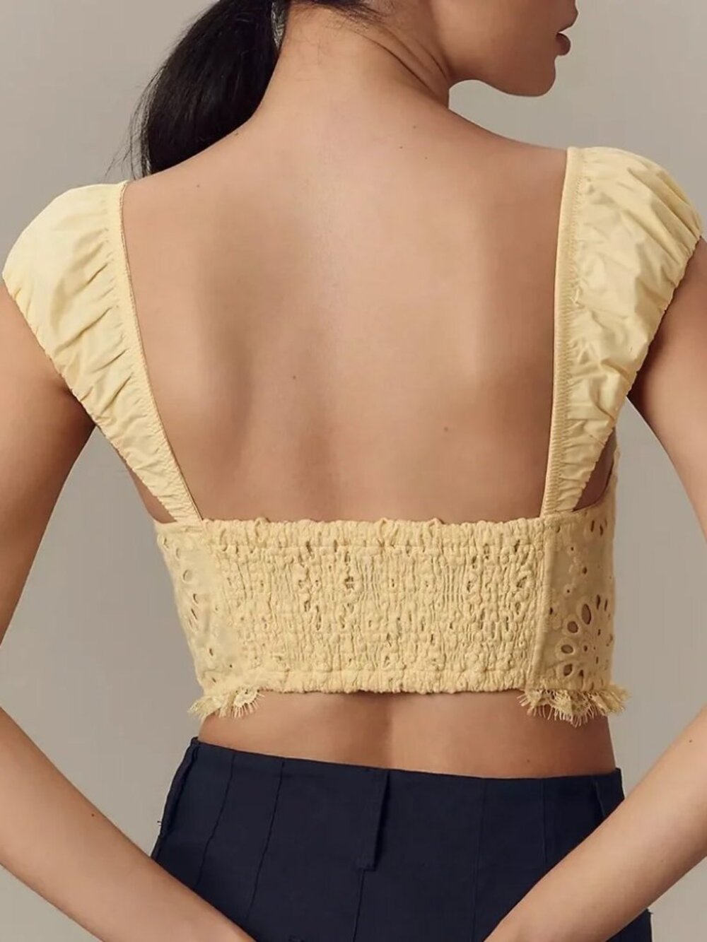 By Anthropologie Eyelet Ruffle Crop Top Bustier in Pineapple Yellow XL NWT - Picture 9 of 14